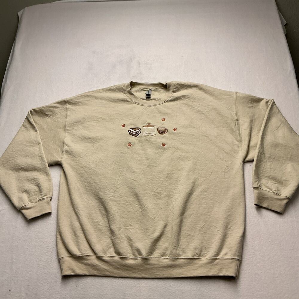 Vtg Embroidered Fall Sweatshirt Leafs ,books, Coffee Size XXL, Gildan, 4192